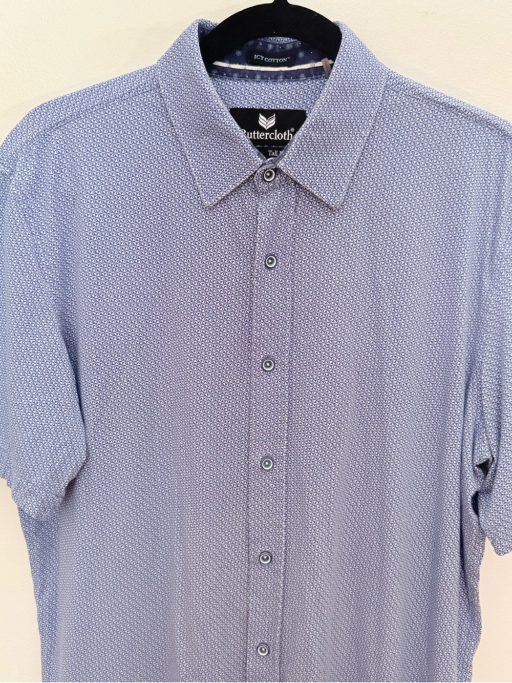 Buttercloth Icy Cotton Shirt Mens L Tall Fit Blue Geometric Short Sleeve Stretch